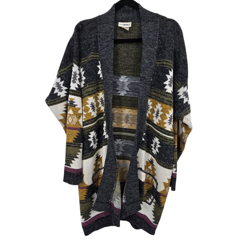Vtg Yarn Works Aztec Knit Cardigan Sweater Womens XL Gray Soutwest Western‎ Boho